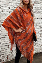 Striped Knit Hooded Cape with Fringing and Batwing Sleeves