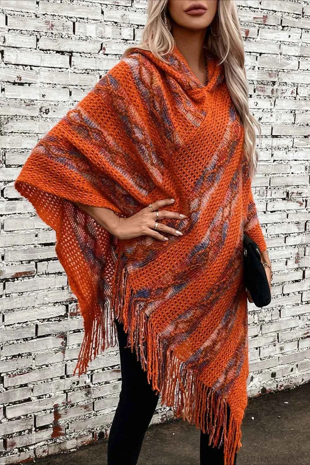 Striped Knit Hooded Cape with Fringing and Batwing Sleeves