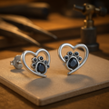 Heart Paw Stud Earrings with Black Enamel