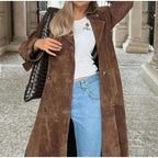 Suede Look Double Breasted Longline Coat with Waist Belt