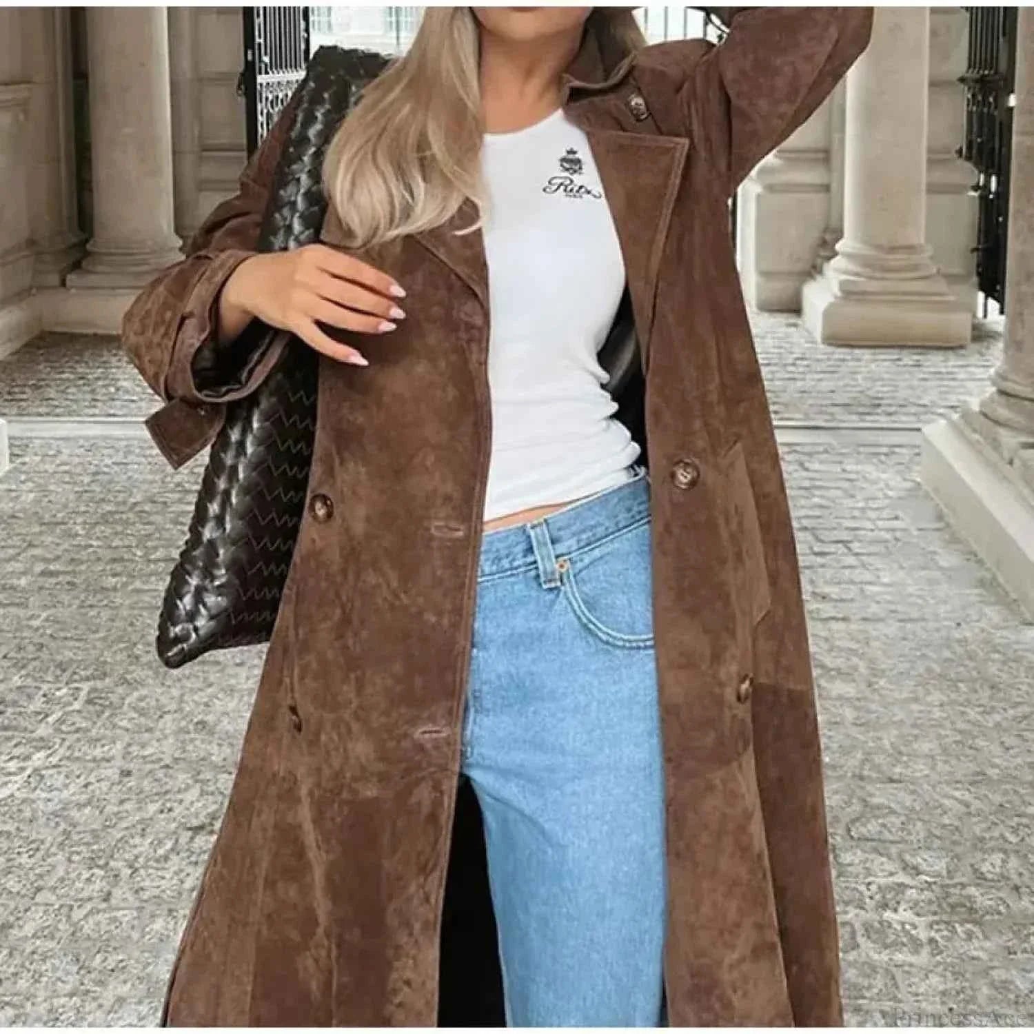 Suede Look Double Breasted Longline Coat with Waist Belt