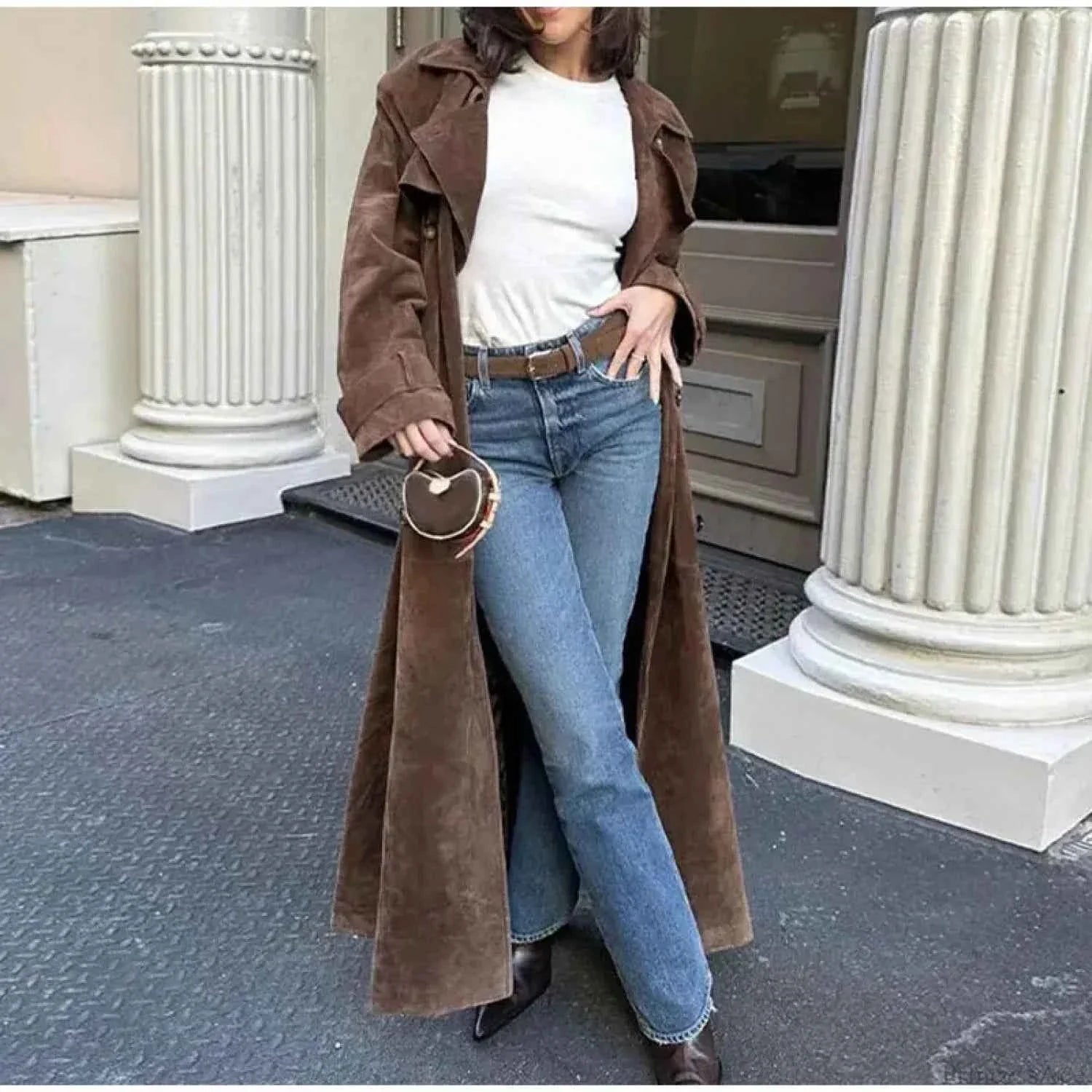 Suede Look Double Breasted Longline Coat with Waist Belt