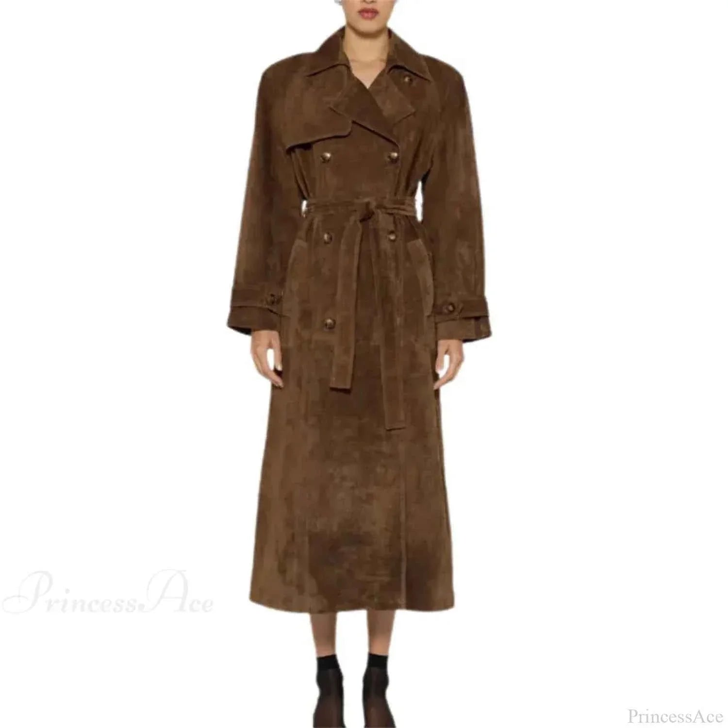 Suede Look Double Breasted Longline Coat with Waist Belt