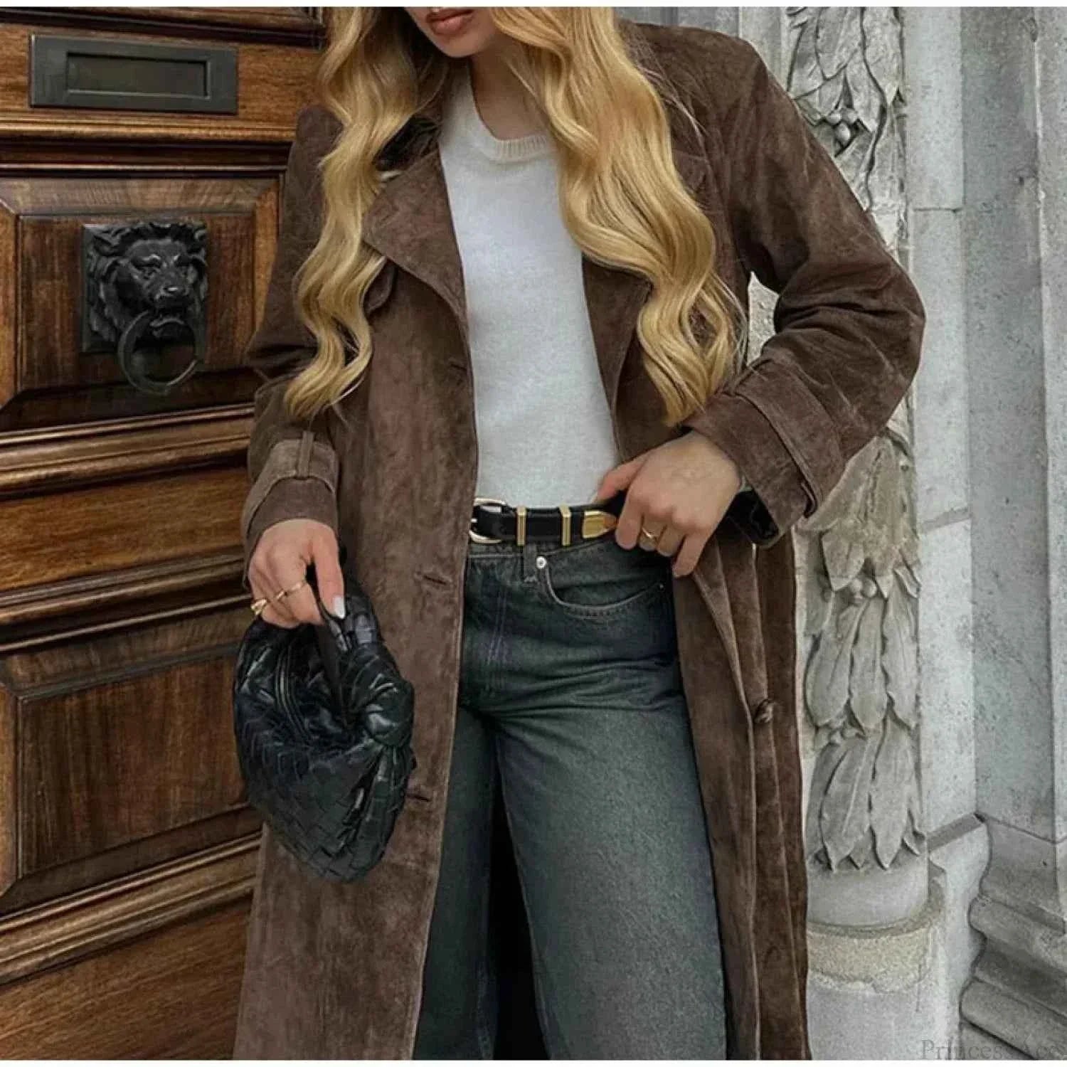 Suede Look Double Breasted Longline Coat with Waist Belt