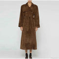 Suede Look Double Breasted Longline Coat with Waist Belt