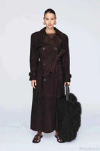 Suede Look Double Breasted Longline Coat with Waist Belt