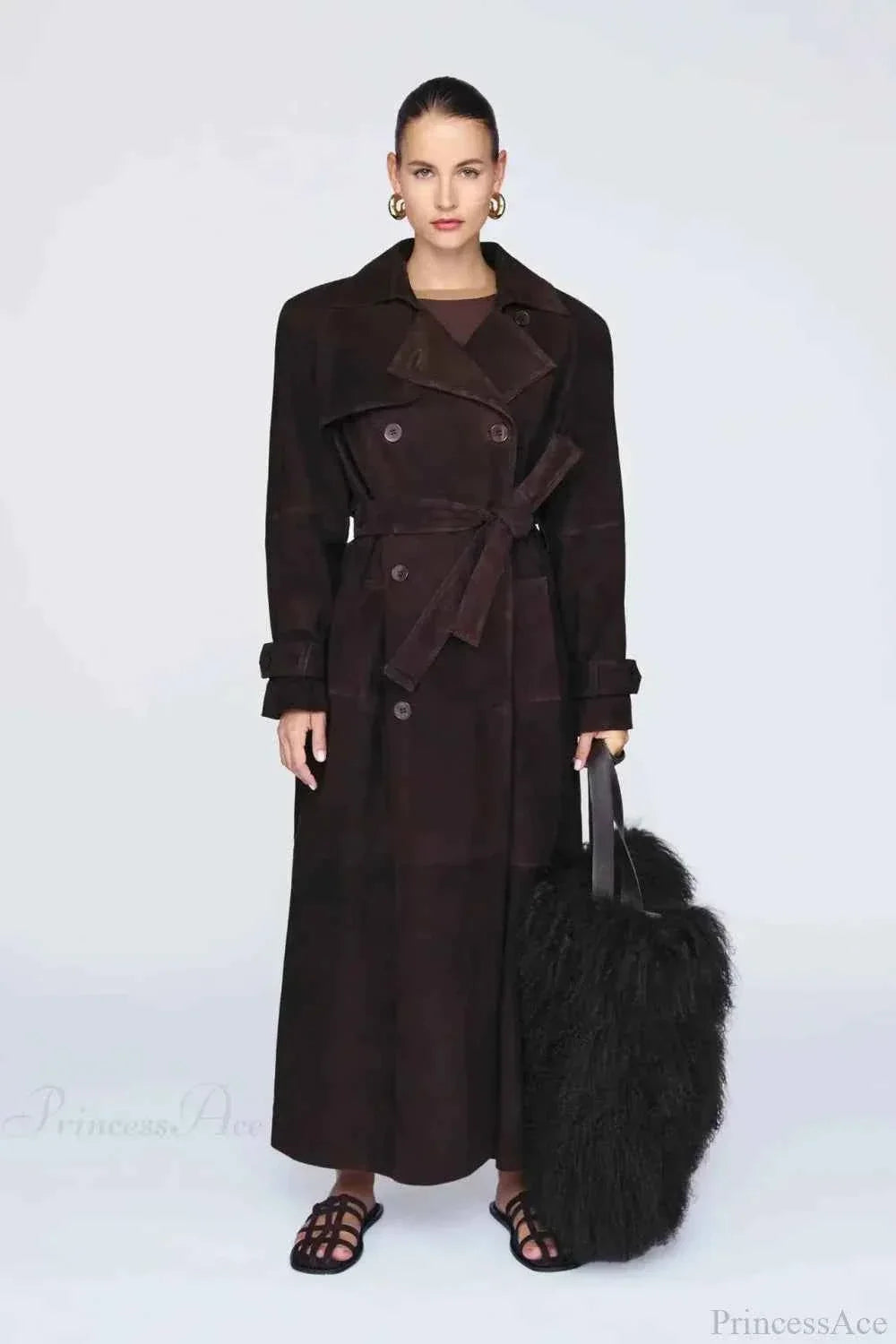 Suede Look Double Breasted Longline Coat with Waist Belt