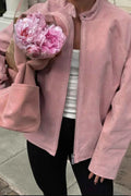 Suede-Look Coat with Crew Neck and Loose Long Sleeves