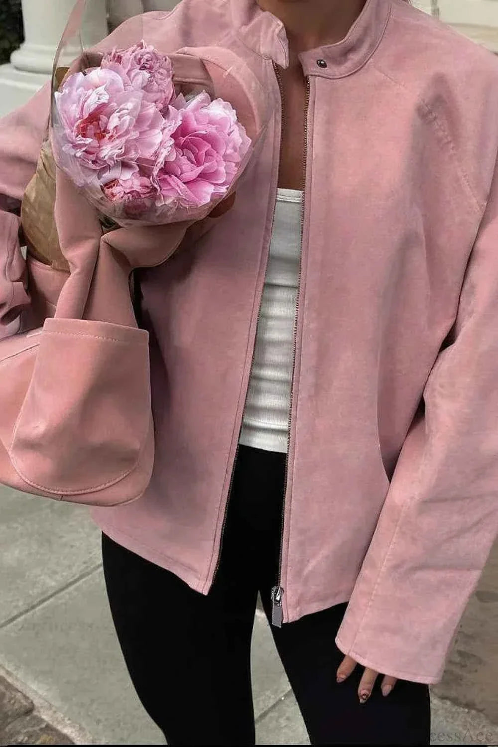 Suede-Look Coat with Crew Neck and Loose Long Sleeves