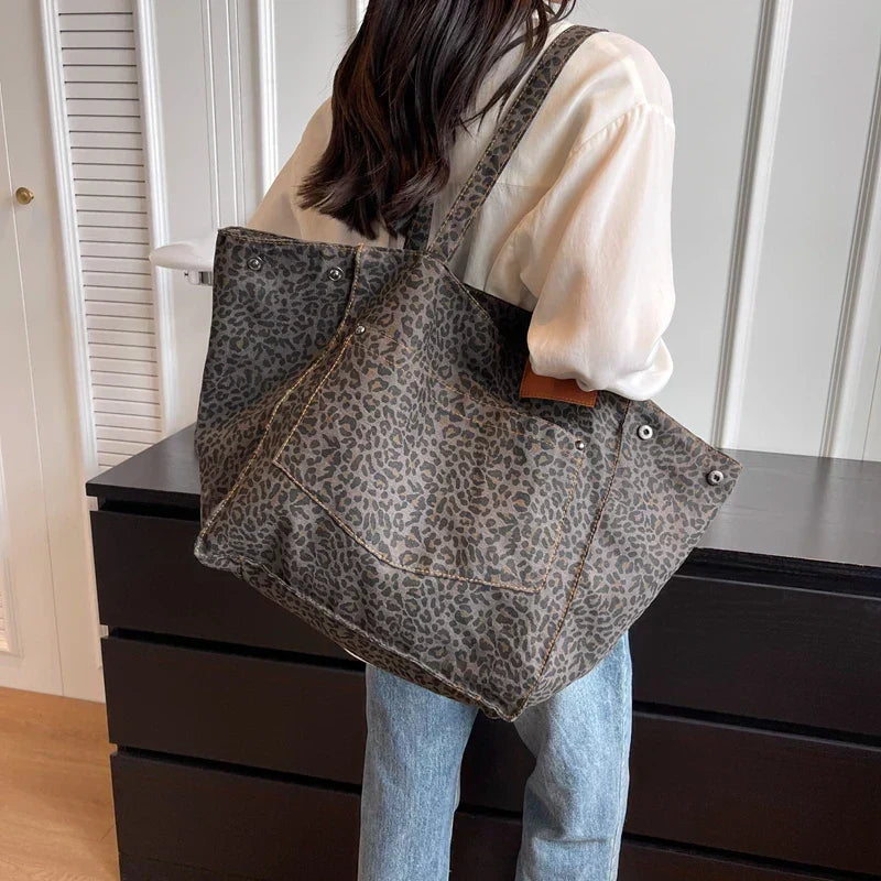 Oversized Leopard Print Canvas Tote Bag for Everyday
