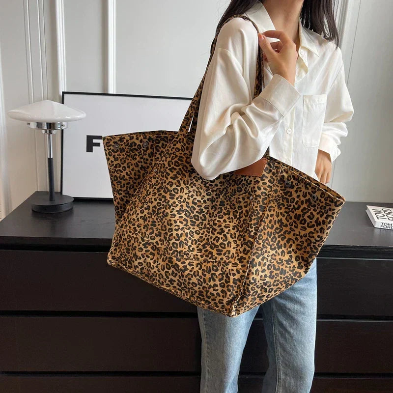 Oversized Leopard Print Canvas Tote Bag for Everyday