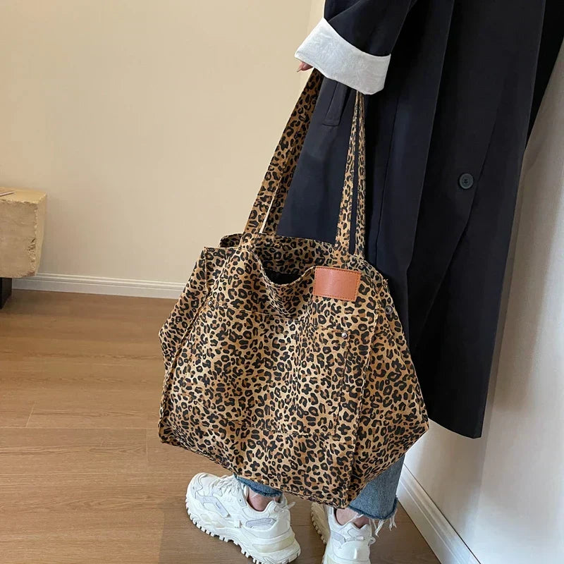 Oversized Leopard Print Canvas Tote Bag for Everyday