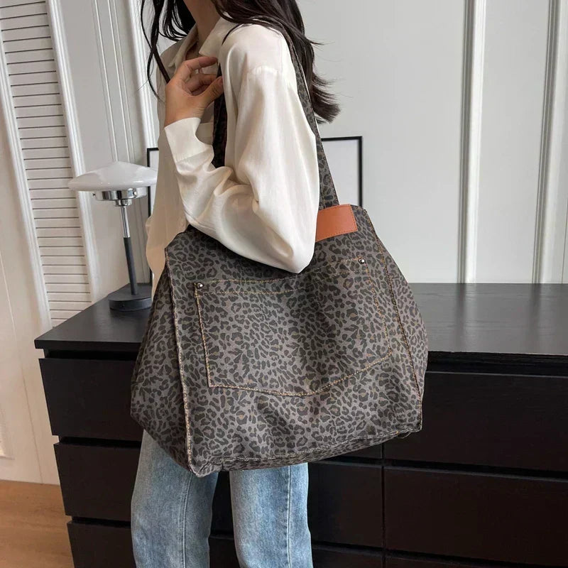 Oversized Leopard Print Canvas Tote Bag for Everyday