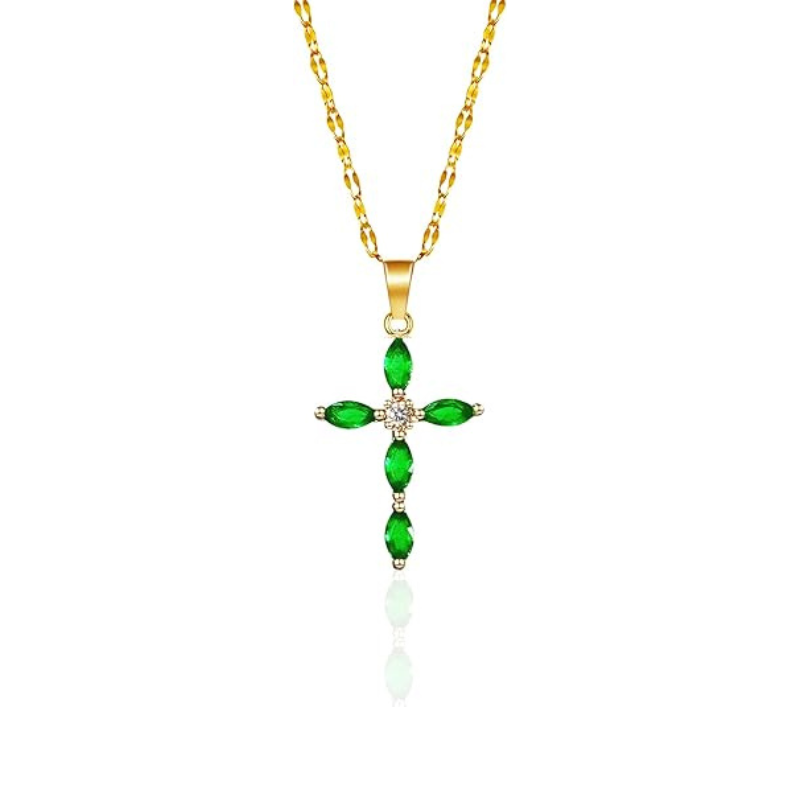 Emerald-Look Cross Necklace in Gold Tone