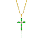 Emerald-Look Cross Necklace in Gold Tone