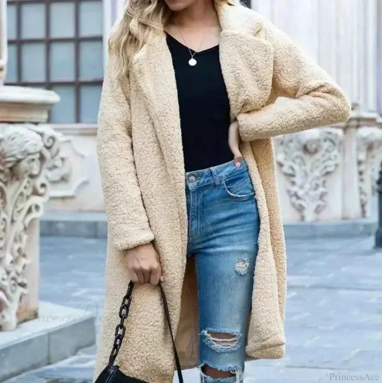 Fluffy Teddy Cape with Turn Down Collar and Open Front