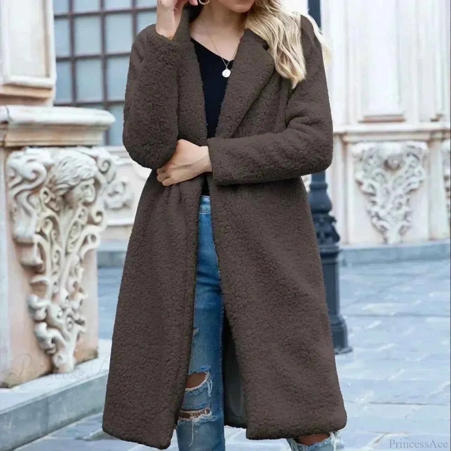 Fluffy Teddy Cape with Turn Down Collar and Open Front