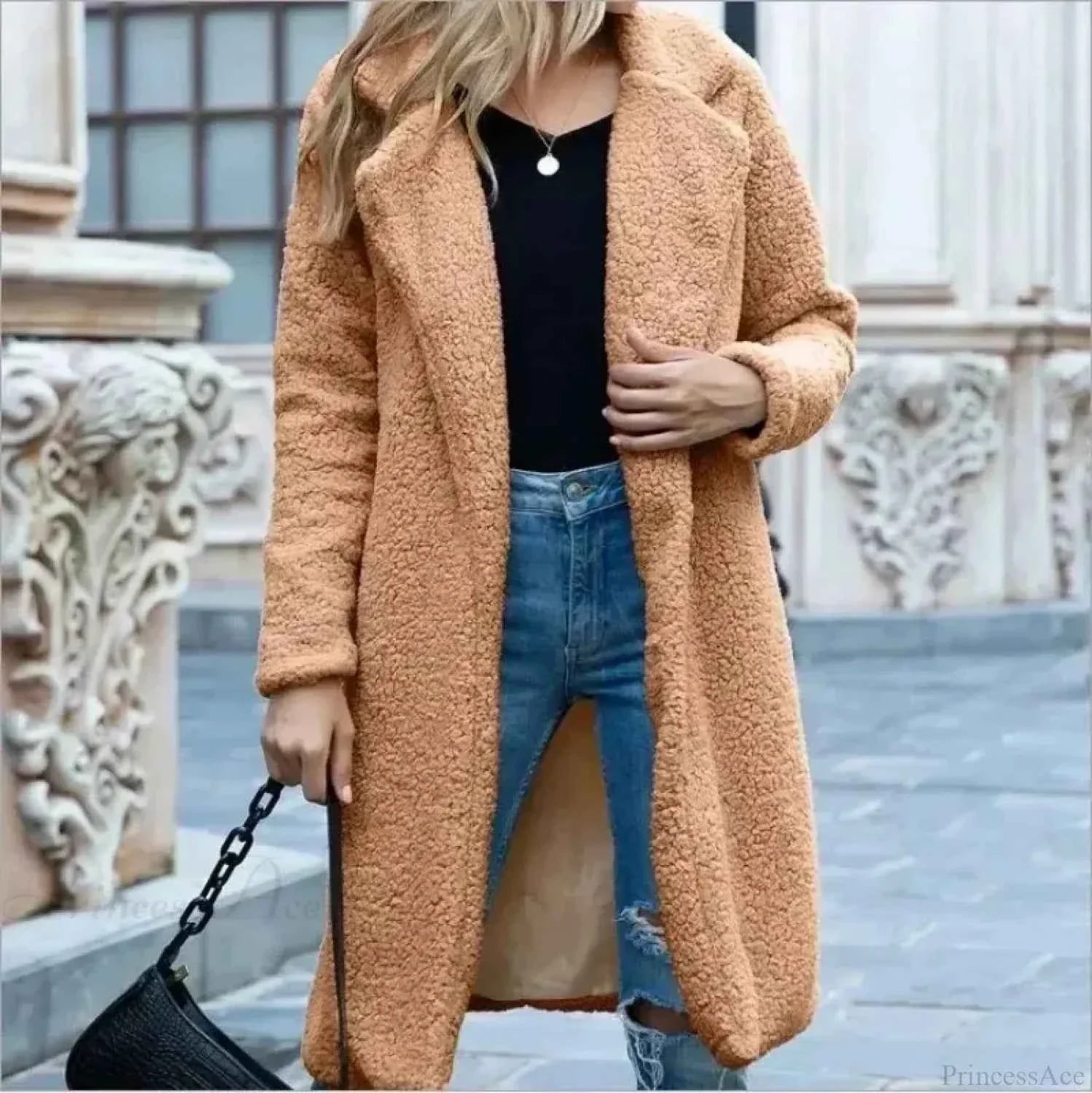Fluffy Teddy Cape with Turn Down Collar and Open Front