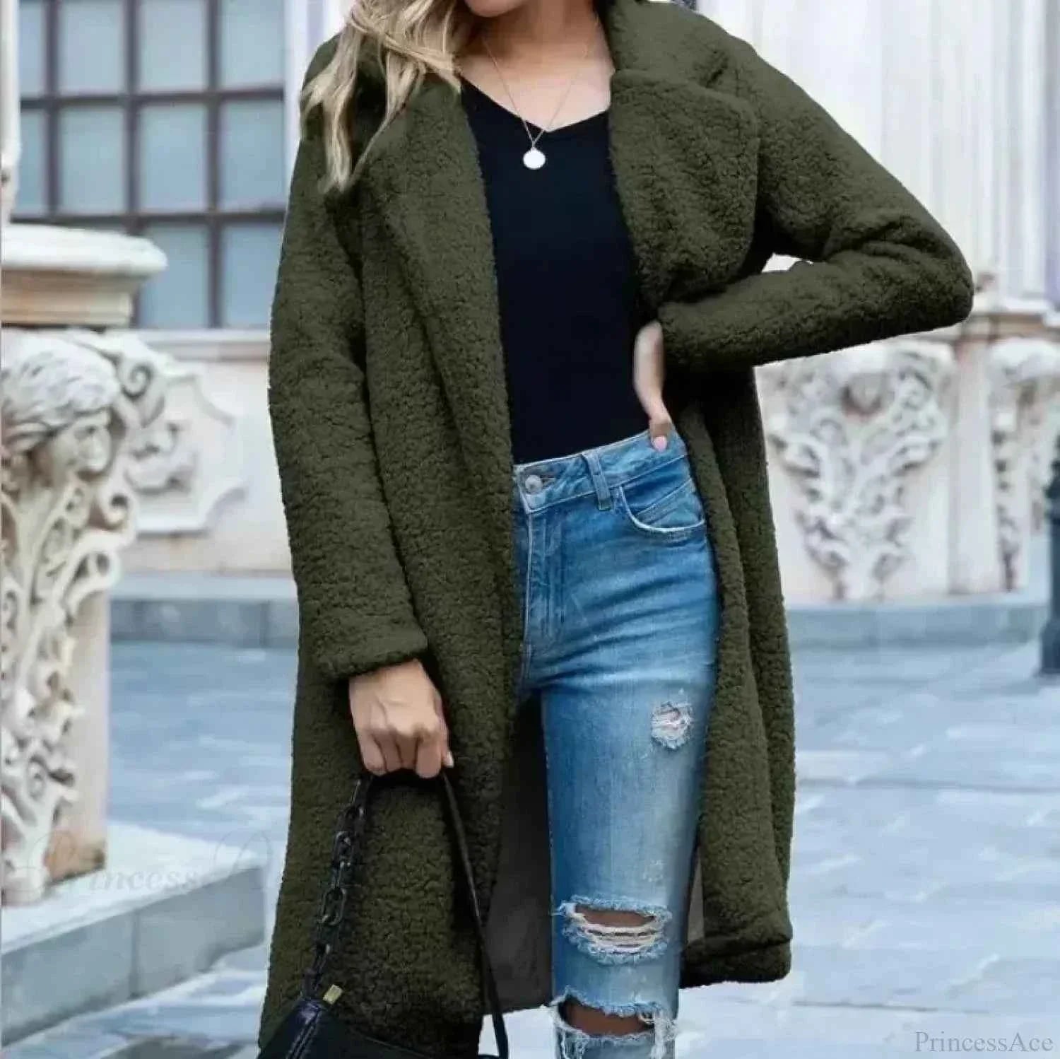 Fluffy Teddy Cape with Turn Down Collar and Open Front