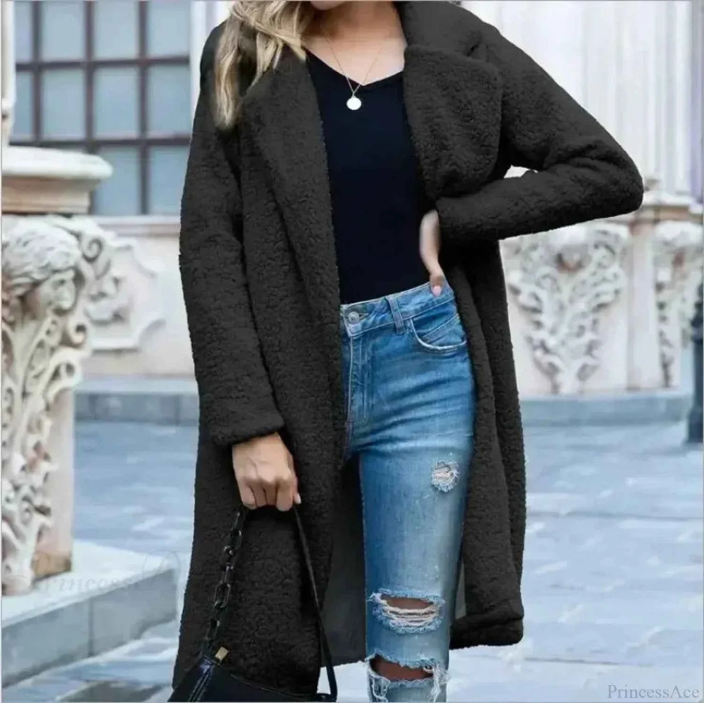 Fluffy Teddy Cape with Turn Down Collar and Open Front
