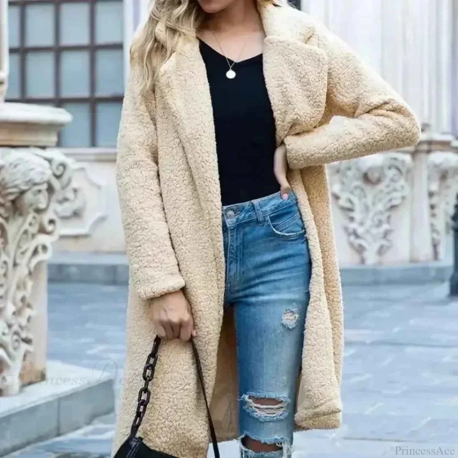 Fluffy Teddy Cape with Turn Down Collar and Open Front