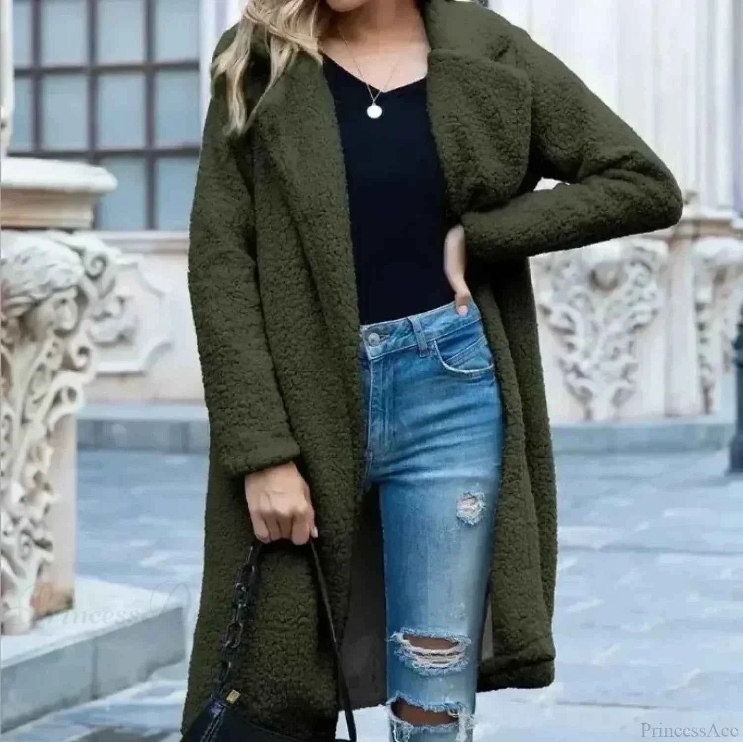 Fluffy Teddy Cape with Turn Down Collar and Open Front