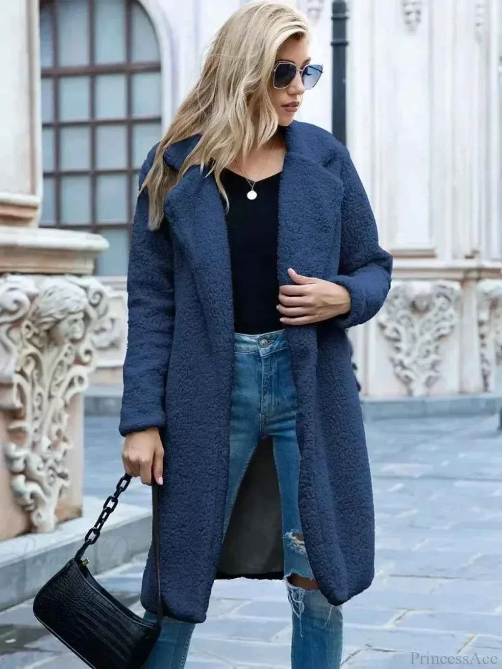 Fluffy Teddy Cape with Turn Down Collar and Open Front