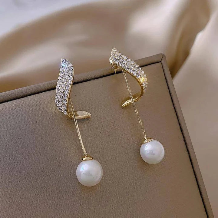 Pearl Drop Bar Earrings in Gold Tone