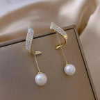 Pearl Drop Bar Earrings in Gold Tone