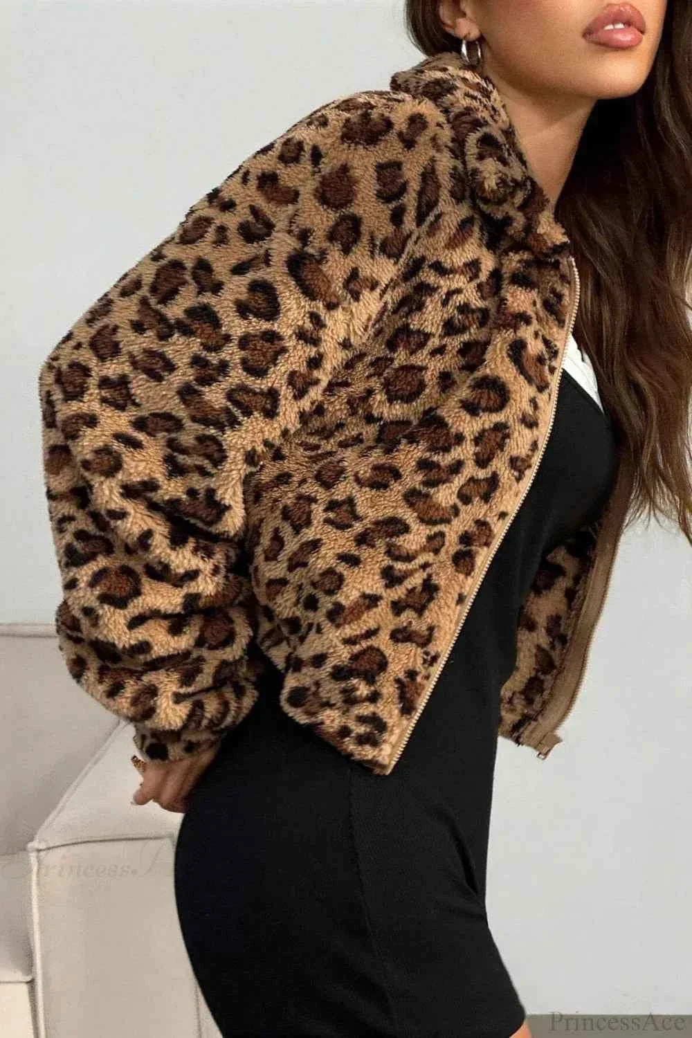 Leopard Print Plush Coat with Notched Collar and Zip Front