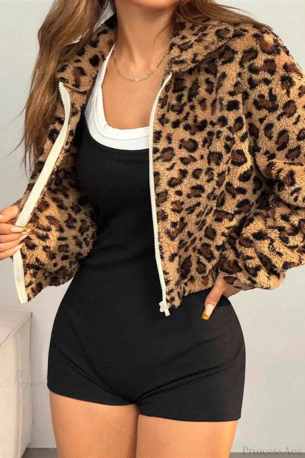 Leopard Print Plush Coat with Notched Collar and Zip Front