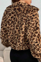 Leopard Print Plush Coat with Notched Collar and Zip Front