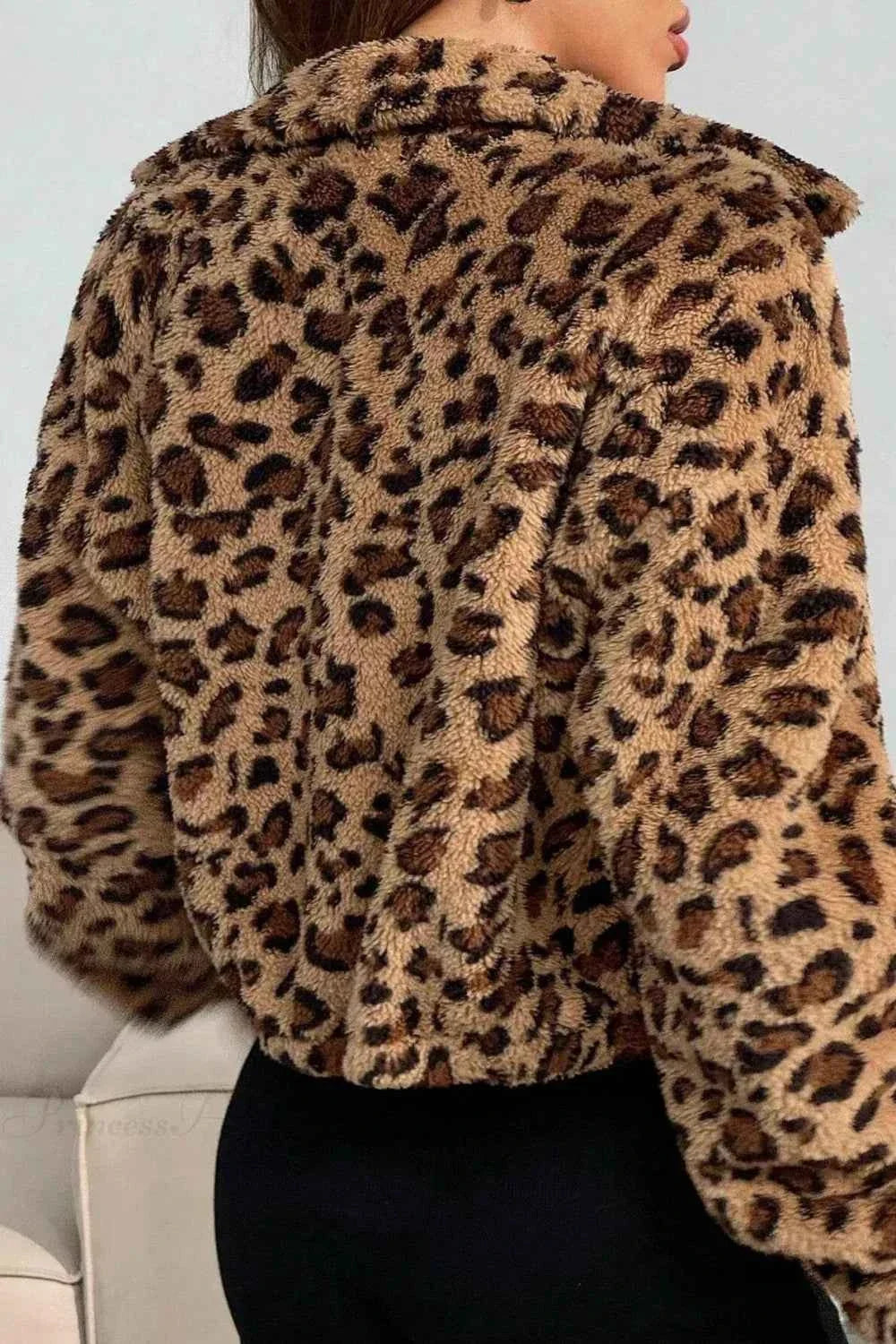 Leopard Print Plush Coat with Notched Collar and Zip Front
