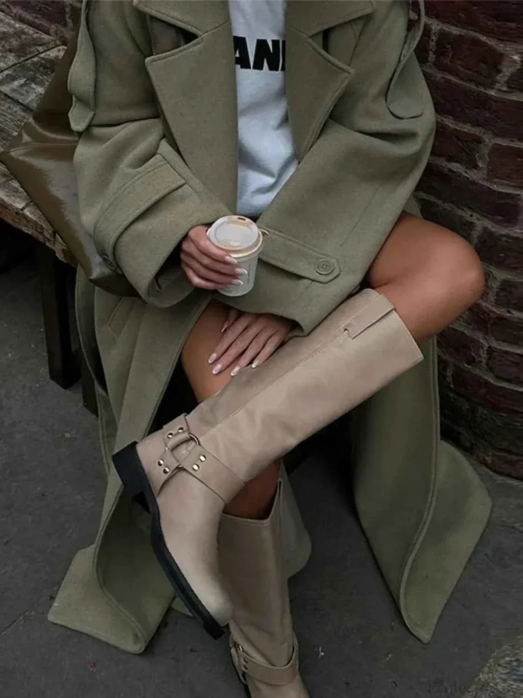 Longline Double Breasted Coat with a Ribbed Collar Detail