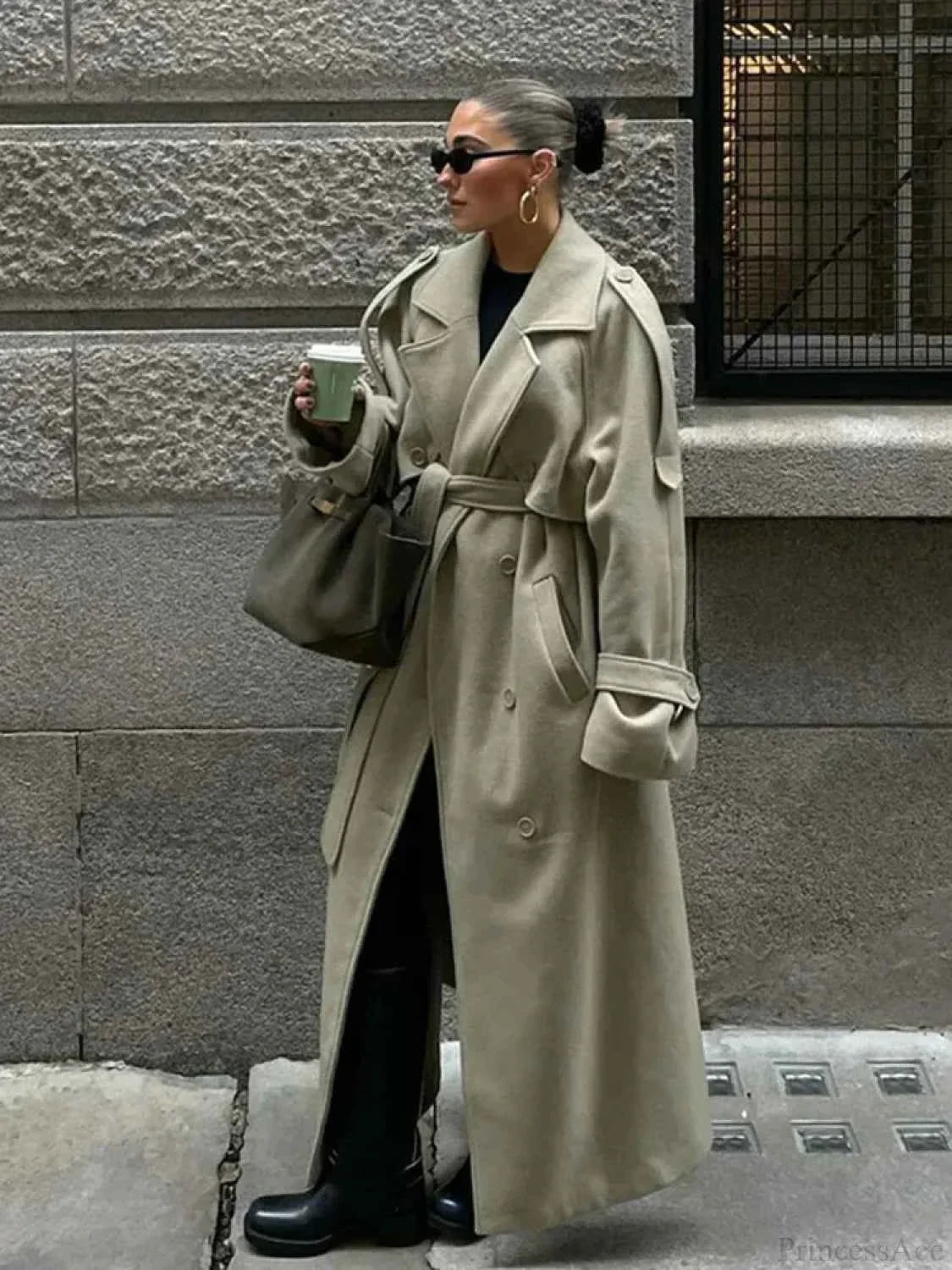 Longline Double Breasted Coat with a Ribbed Collar Detail