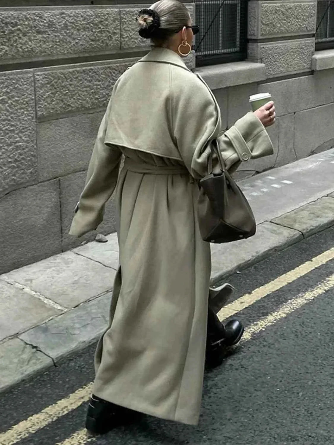 Longline Double Breasted Coat with a Ribbed Collar Detail