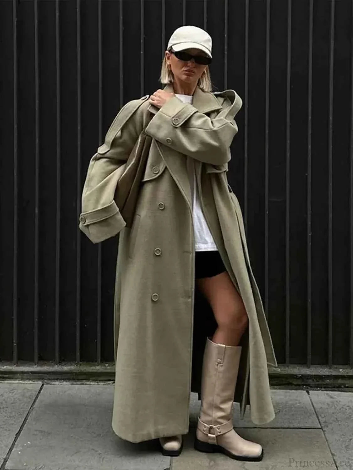 Longline Double Breasted Coat with a Ribbed Collar Detail