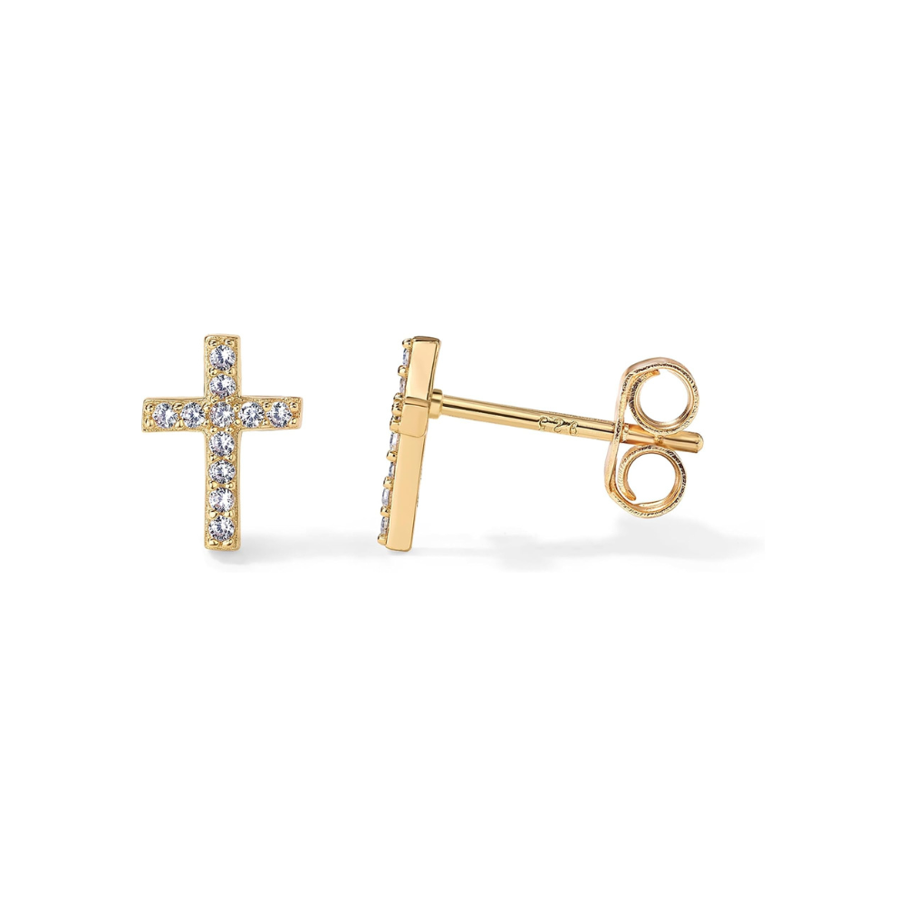 Pavé Cross Stud Earrings in Gold Tone