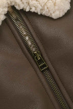 Faux Leather Coat with Shearling Look Panels and Notched Collar