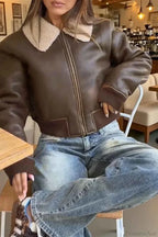 Faux Leather Coat with Shearling Look Panels and Notched Collar