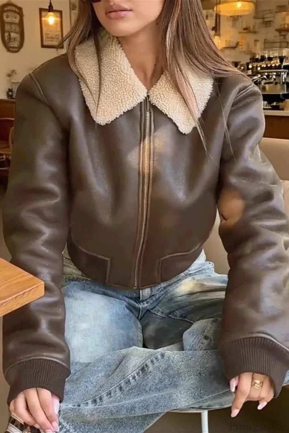 Faux Leather Coat with Shearling Look Panels and Notched Collar