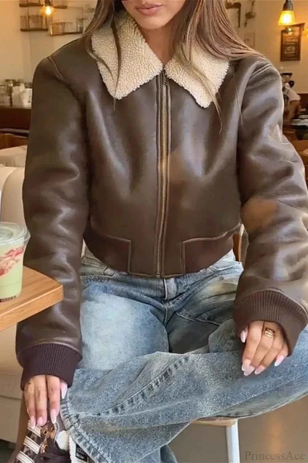 Faux Leather Coat with Shearling Look Panels and Notched Collar