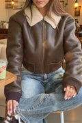 Faux Leather Coat with Shearling Look Panels and Notched Collar
