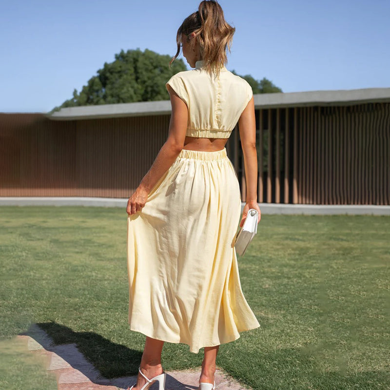High Neck Sleeveless Cut-Out Waist Maxi Dress