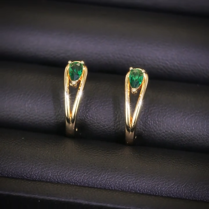 Gold-Tone Open Hoop Earrings with Green Stone