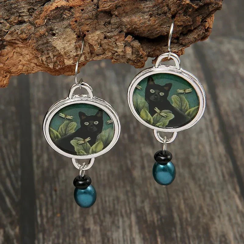 Vintage-Style Black Cat Dangle Earrings