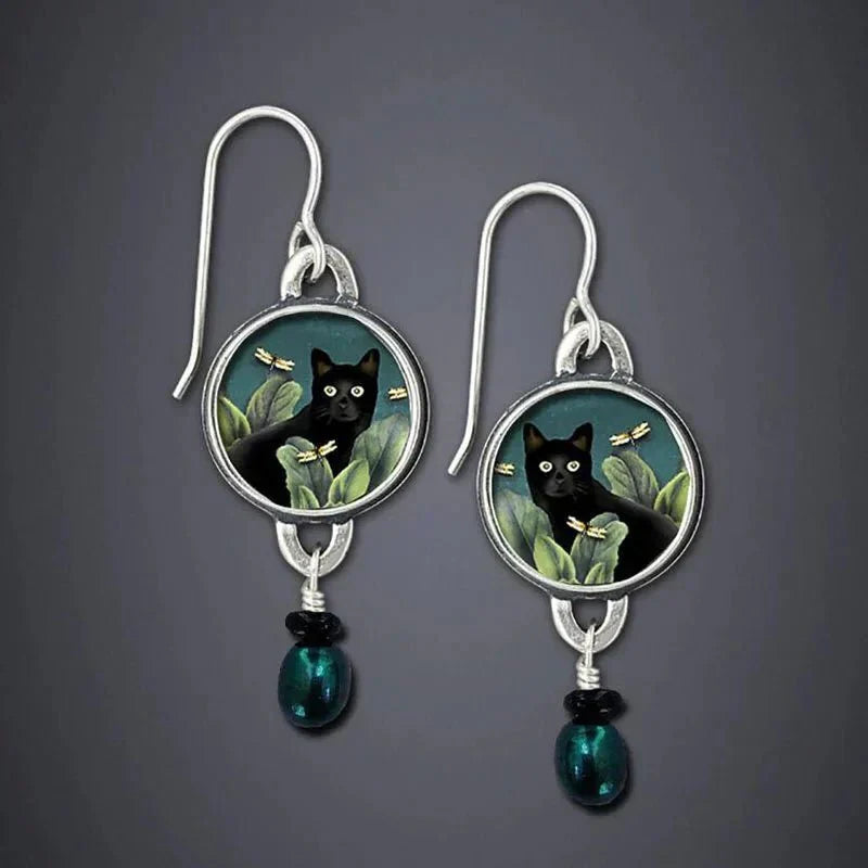 Vintage-Style Black Cat Dangle Earrings