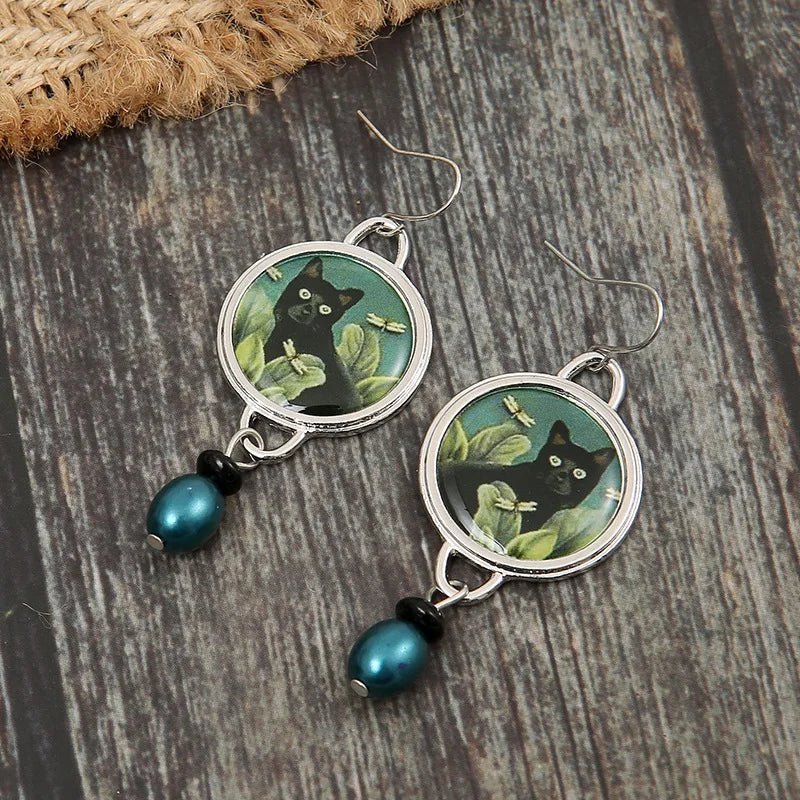 Vintage-Style Black Cat Dangle Earrings