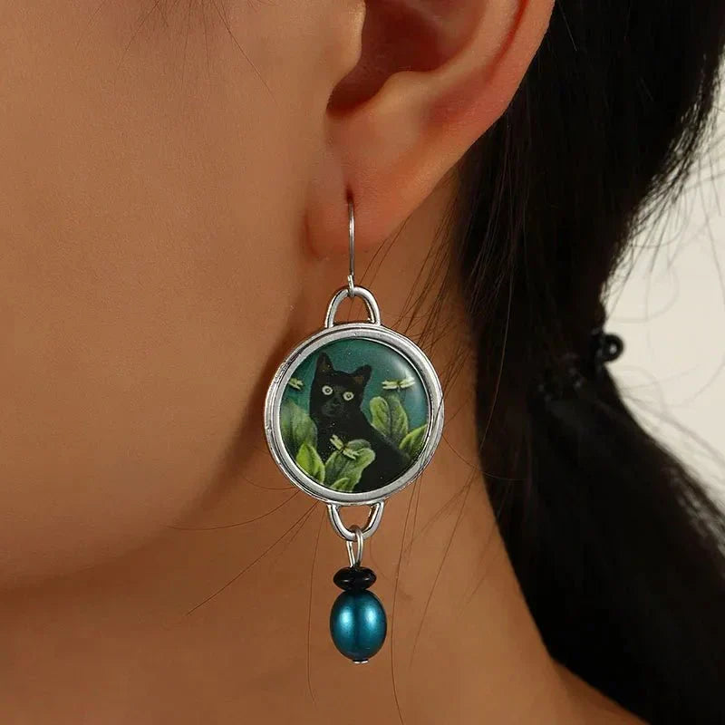 Vintage-Style Black Cat Dangle Earrings