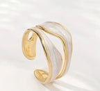 Open Wavy Ring with White Enamel and Gold-Tone Edges